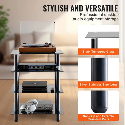 SucceBuy 4-Tier AV Media Stand Audio/Video Stand with Strengthen Tempered Glass Shevles for DVD Adjustable Media Storage Cabinet