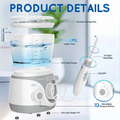 Home Water Flosser, 600 ml Large Capacity,10 Adjustable Pressures,6 Home Nozzles Professional Oral Irrigator for Teeth Clean