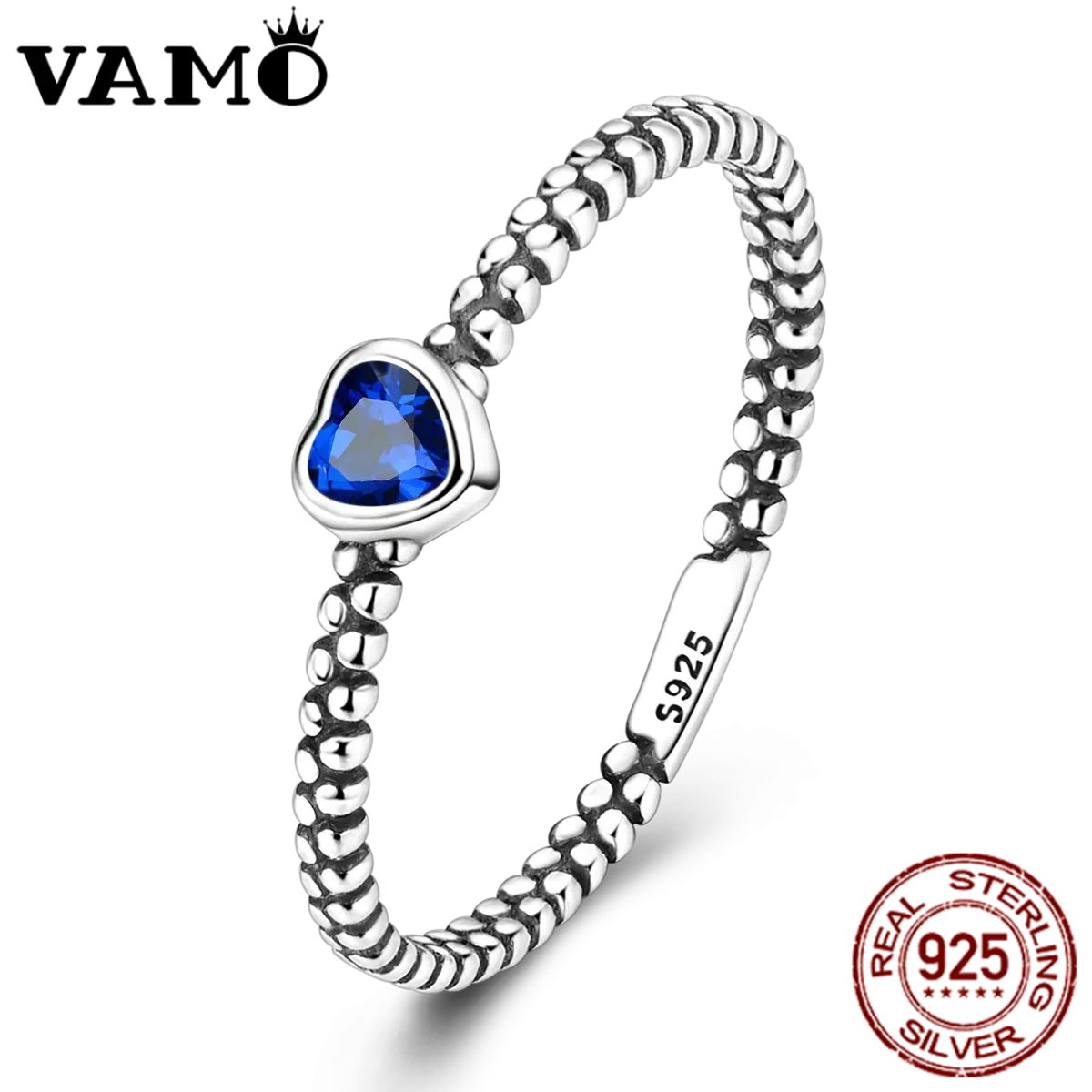 VAMO Original 925 Sterling Silver Woman Ring Vintage Dew Pearl Blue Heart Rings Sparkling Wedding Ring Girls Jewelry Anniversary