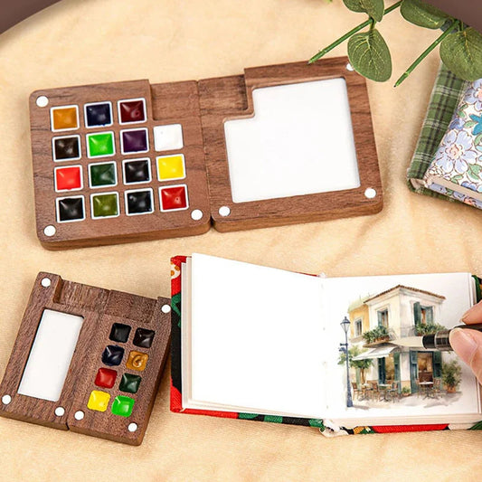 1pc Art Supplies Sketchbook Palette Mini Walnut Wood Watercolor Palette Portable Paint Box With Clip Travel Painting Paint Tray