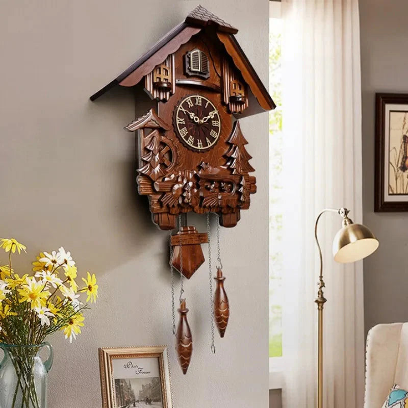 Antique Classic Solid Wood Hand-carved Cuckoo Wall Clock, Children's Music, Hour Announcement Swinging Creative Clock
