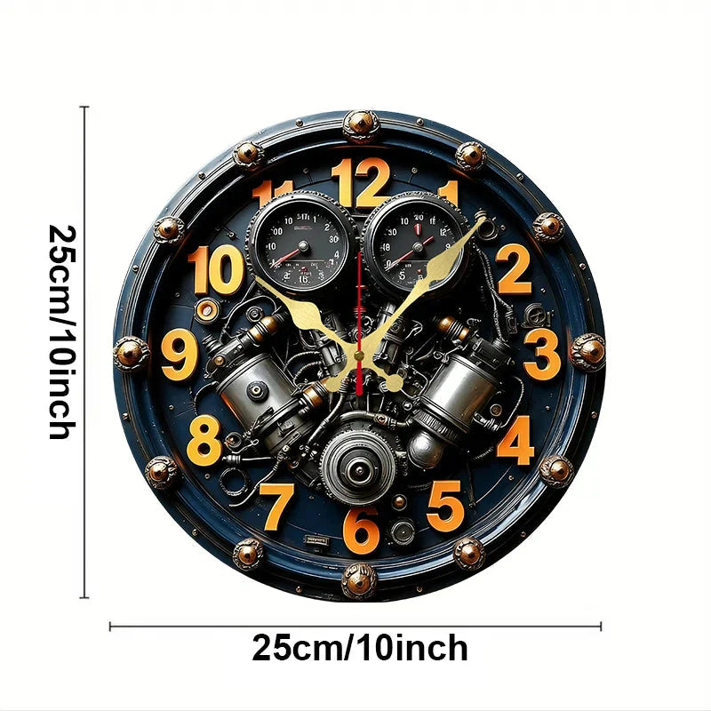 2D Flat Exquisite Engine Wooden Round Silent Hanging Wall Clock, For Living Room, Office, Study Room, Bedroom, Home Decoration.
