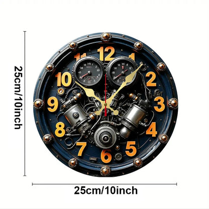 2D Flat Exquisite Engine Wooden Round Silent Hanging Wall Clock, For Living Room, Office, Study Room, Bedroom, Home Decoration.