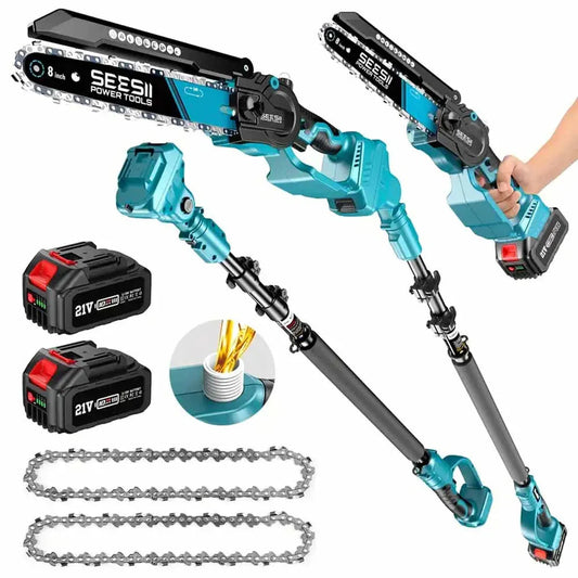 Seesii 2 in 1 Cordless 6" 8'' Pole Saw Mini Chainsaw Power Electric Polesaw Chain Saw with Extension Pole for Tree Trimming
