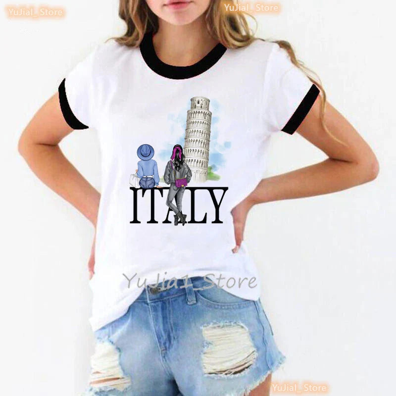 Traveling To Usa Graphic Printed Tshirt Women Paris Eiffel Tower Italy T Shirt Femme Summer Tops Short Sleeve T-Shirt Female