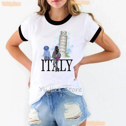 Traveling To Usa Graphic Printed Tshirt Women Paris Eiffel Tower Italy T Shirt Femme Summer Tops Short Sleeve T-Shirt Female