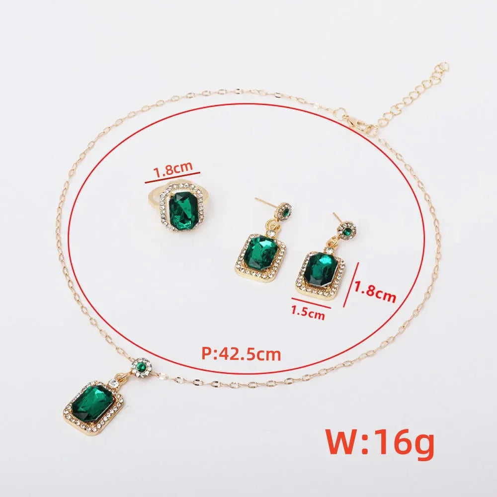 4PCS Sets Exquisite Quadrate Rhinestone Necklace Earrings Ring Jewelry Set Charm Ladies Jewelry Fashion Bridal Gifts