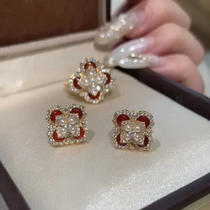 Classic and showy luxury red flower bridal jewelry sets for women exquisite pearl red chalcedony earrings rings necklace