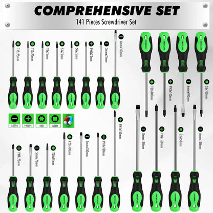 141-Piece Magnetic Screwdriver Set with Torx, Phillips, Hex Keys, Ratchet Handle & Bits for DIY Tools Gift