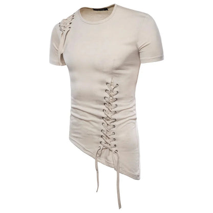 New2026 Men's Summer Short Sleeve T-shirts Trend Irregular Design Lace Up Solid Slim Tees Fashion Gothic Style Casual Shirts Men