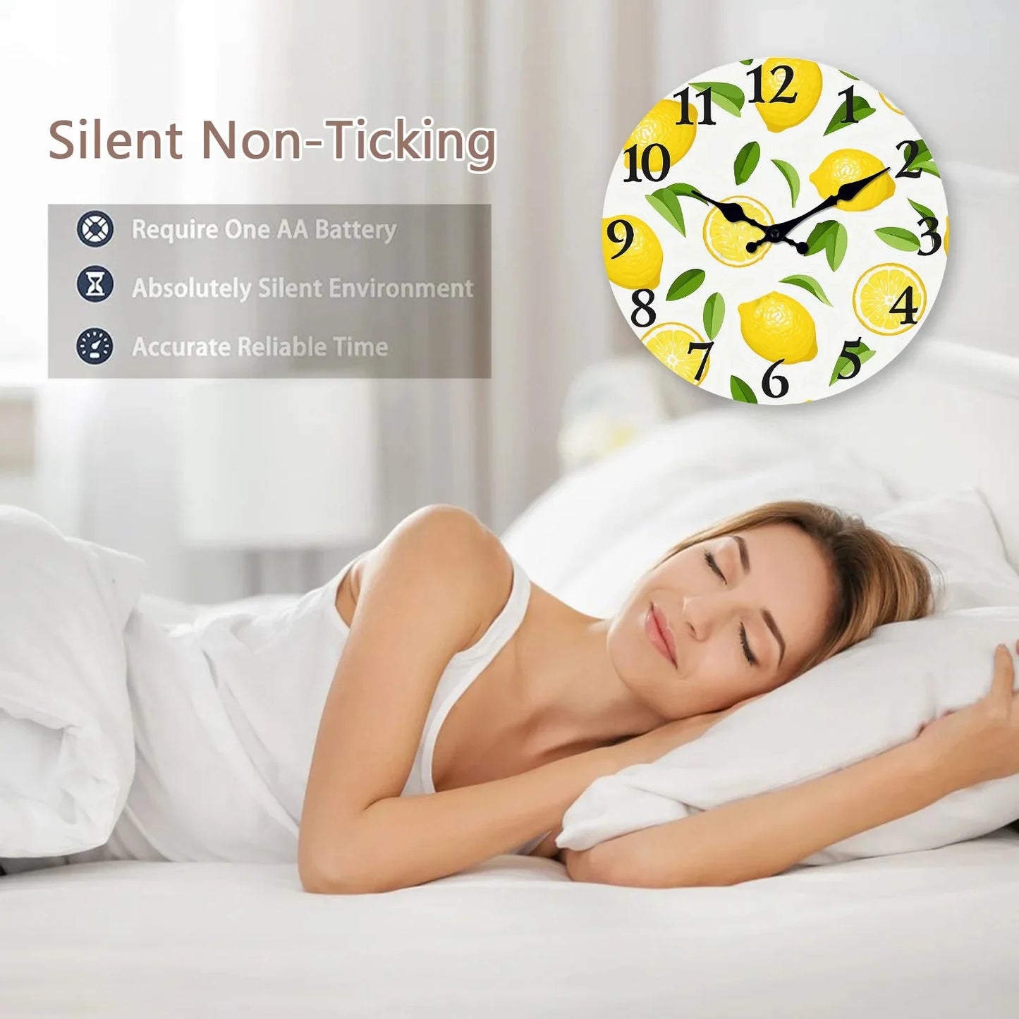 1pc wooden wall clock, yellow lemon and green leaf design wall clock, family mute clock, living room bedroom study decoration