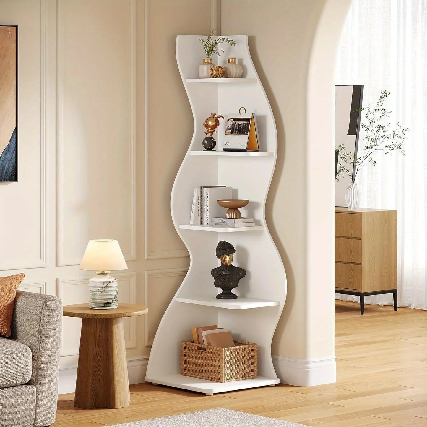 5-Tier Wave Bookshelf  Modern curved corner shelf with metal frame and wooden shelves, white finish, sturdy floor design bedroom