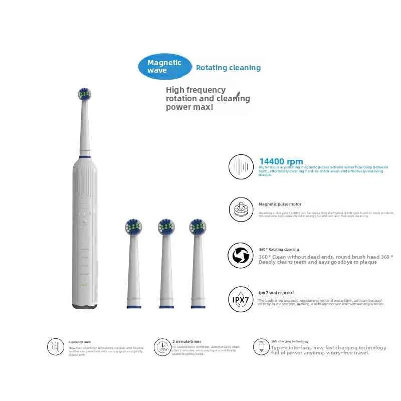 Rotating electric toothbrush with sonic vibration, multi-mode cleaning, dental care, convenient wireless charging