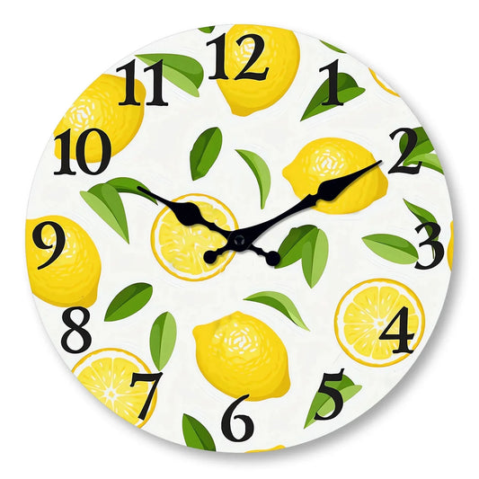 1pc wooden wall clock, yellow lemon and green leaf design wall clock, family mute clock, living room bedroom study decoration
