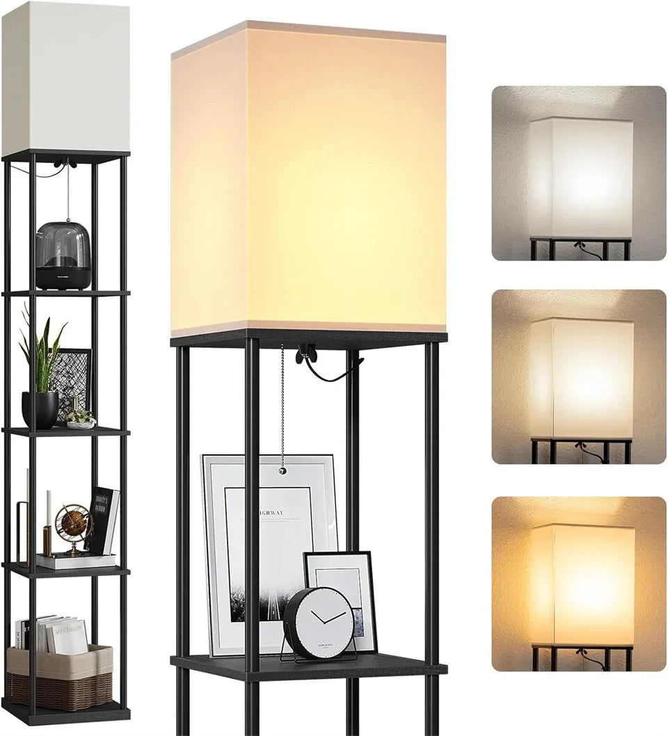 Modern Shelf Floor Lamp with Shade and LED Bulb Corner Display Lamps Shelves for Living Room Bedroom Office Black