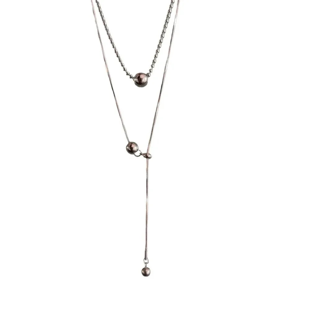 Personality Design Silver Color Stainless Steel Beaded Ball Pendant Necklace for Women Double Layer Hip Hop Rock Chokers Jewelry