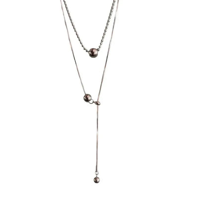 Personality Design Silver Color Stainless Steel Beaded Ball Pendant Necklace for Women Double Layer Hip Hop Rock Chokers Jewelry