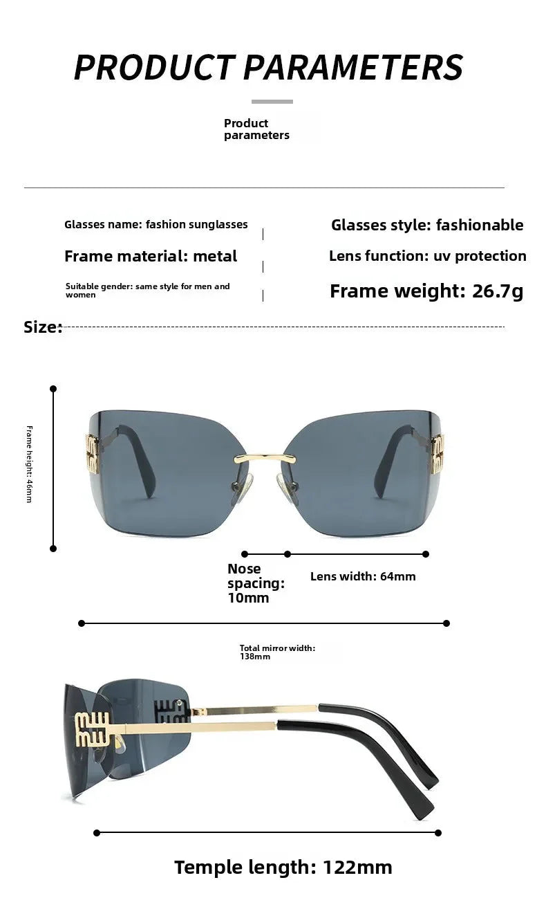 Curved One-Piece Sunglasses, Frameless Square Cut-Edge Design, UV400 Protection, Women's High-End Street Style