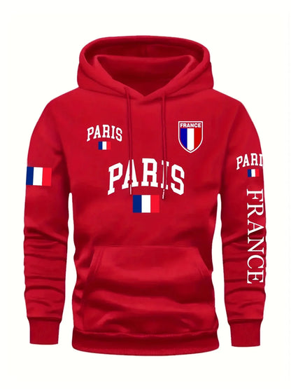 Men's Paris France Flag Letter Graphic Hoodie Pullover Kangaroo Pocket Ribbed Cuffs Machine Washable Autumn Winter Sweatshirt