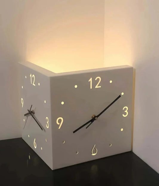 Ivory Corner Wrapping Double Sided Luminous w/ Light Sensor 16" Modern Wall Clock