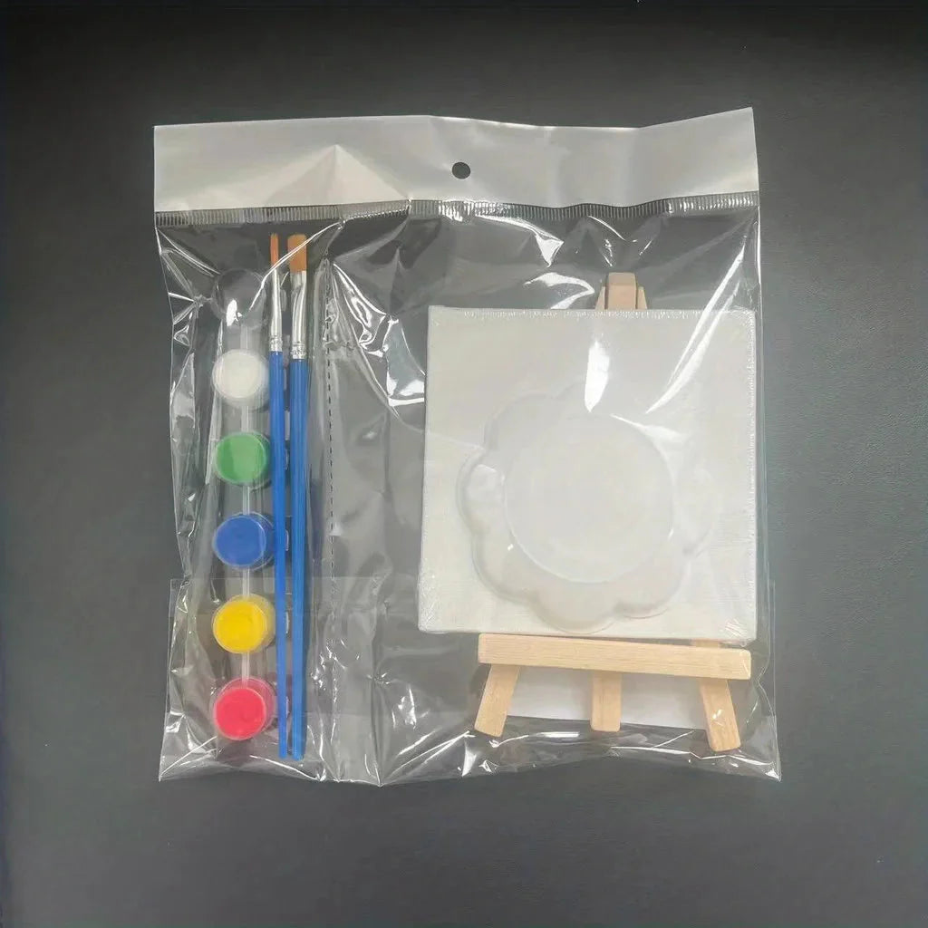 1 set of painting kit, 1 drawing board, 1 easel, 2 pens, 6 colors of paint, 1 palette, mini drawing board, acrylic paint