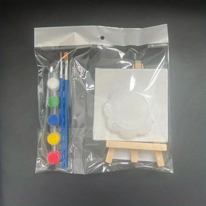 1 set of painting kit, 1 drawing board, 1 easel, 2 pens, 6 colors of paint, 1 palette, mini drawing board, acrylic paint