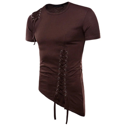 New2026 Men's Summer Short Sleeve T-shirts Trend Irregular Design Lace Up Solid Slim Tees Fashion Gothic Style Casual Shirts Men
