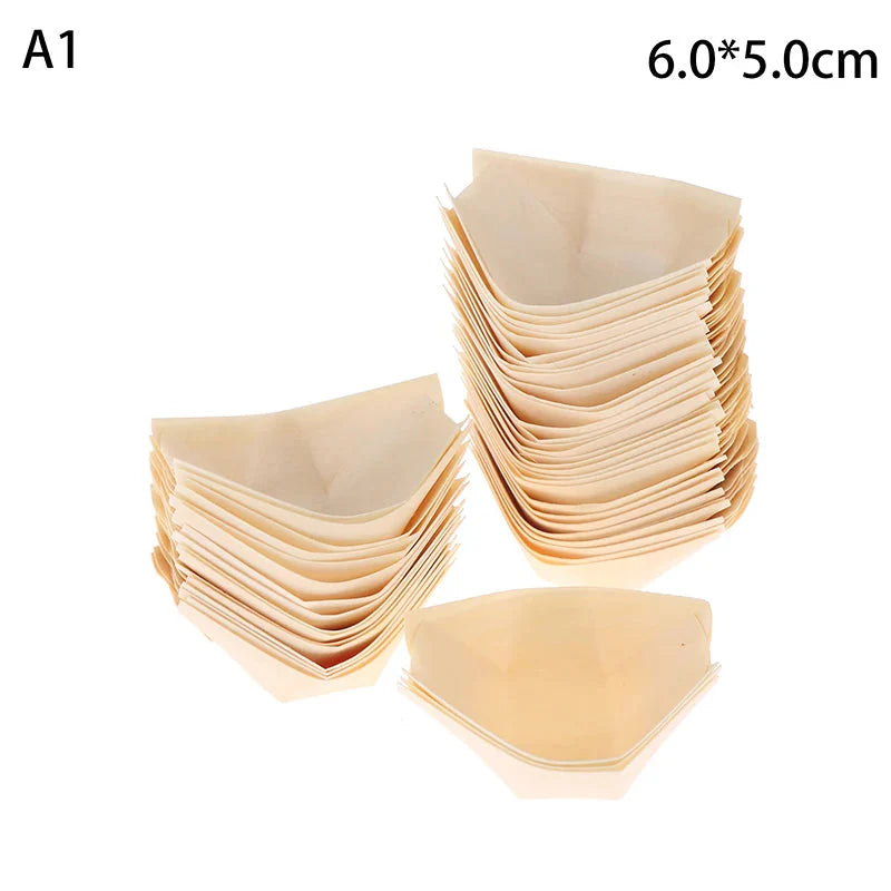 50Pcs Wood Boats Plates Sushi Salad Dessert Bowl Wood Serving Bowl Disposable Sushi Serving Trays Sushi Boat Plates