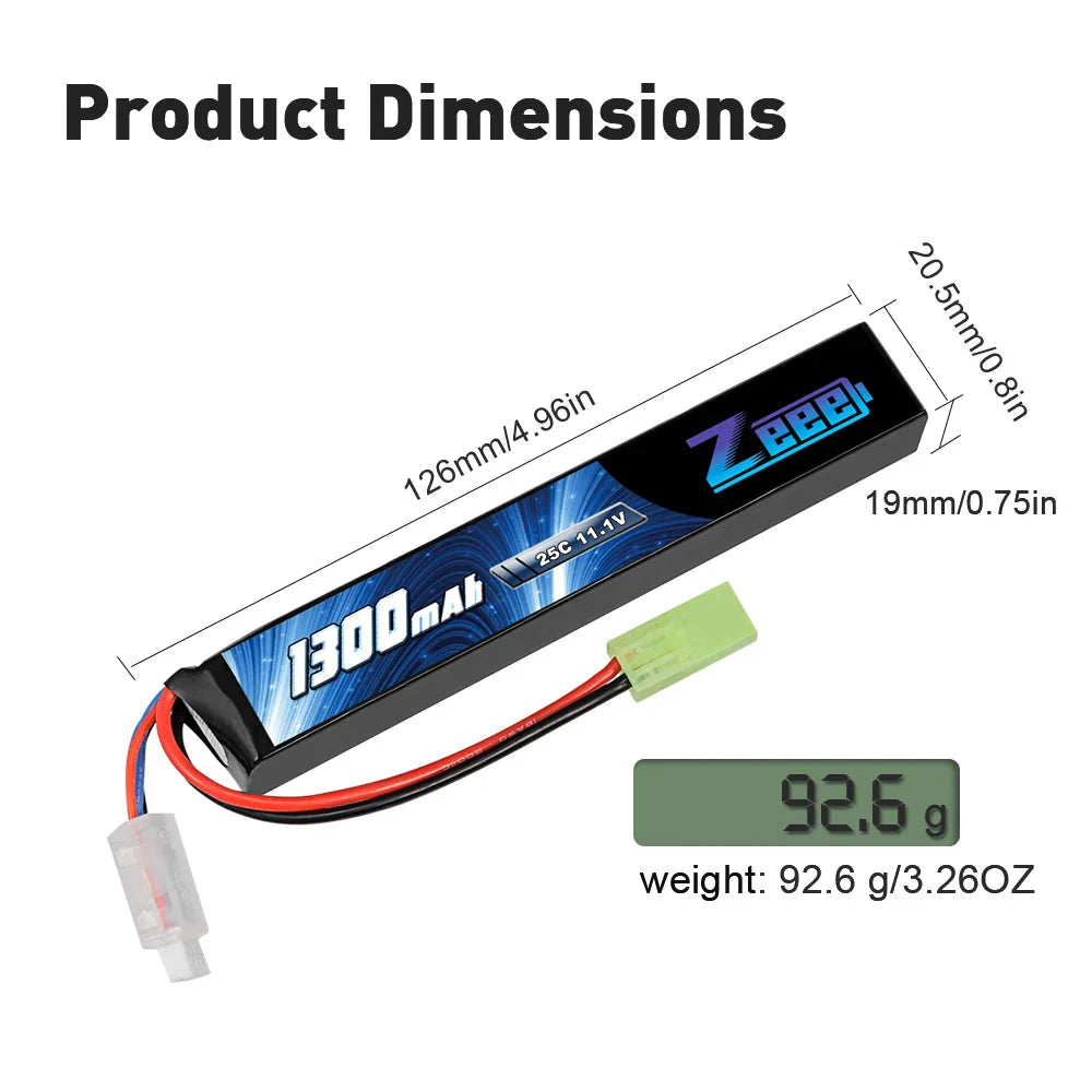 Zeee Airsoft Battery 3S 11.1V 25C 1300mAh Stick Battery with Mini Tamiya Plug for Airsoft Guns Rifle AK47 Lipo Battery Parts
