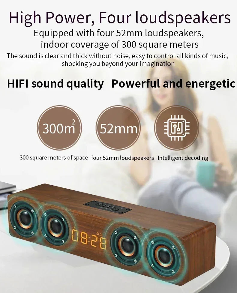 Wooden Soundbar Wireless Bluetooth Speaker Portable Retro Soundbox Subwoofer for TV Computer with FM Radio TF Card USB Boom Box