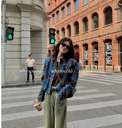 Checkered shirt women's 2024 spring new design sense niche French chic long sleeved shirt  retro top  womens tops