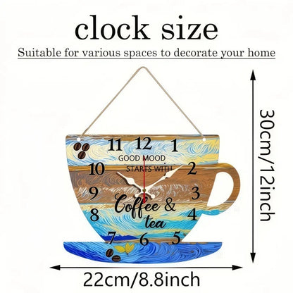 Coffee Cup Shaped Wooden Silent Hanging Wall Clock,Wood Grain Design Suitable For Living Room,Study Room,Bedroom,Home Decoration