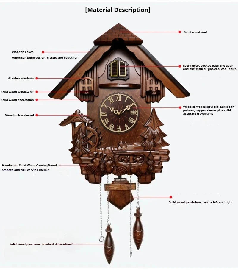 Antique Classic Solid Wood Hand-carved Cuckoo Wall Clock, Children's Music, Hour Announcement Swinging Creative Clock