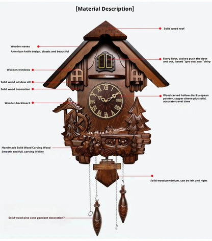 Antique Classic Solid Wood Hand-carved Cuckoo Wall Clock, Children's Music, Hour Announcement Swinging Creative Clock