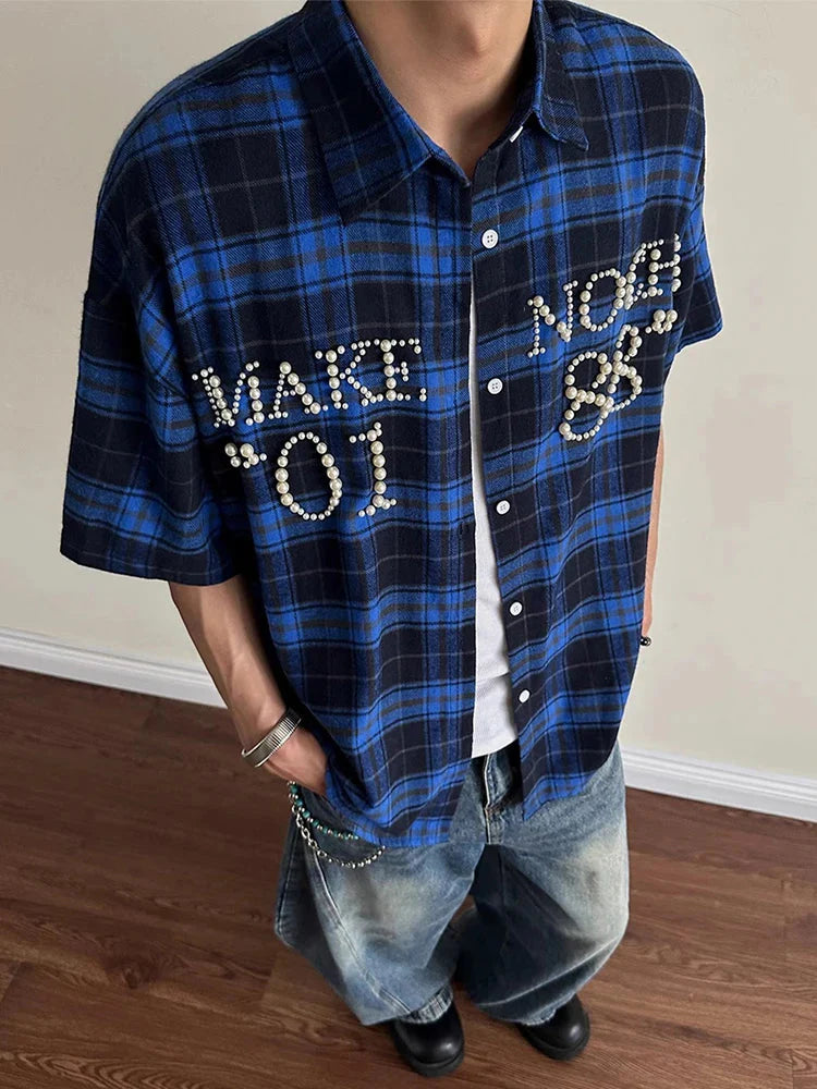 Trendy Pearls Stitching Shirts For Men 2025 Summer New Casual Plaid Shirt Mens Vintage Button-up Turn-down Collar Cardigan Tops