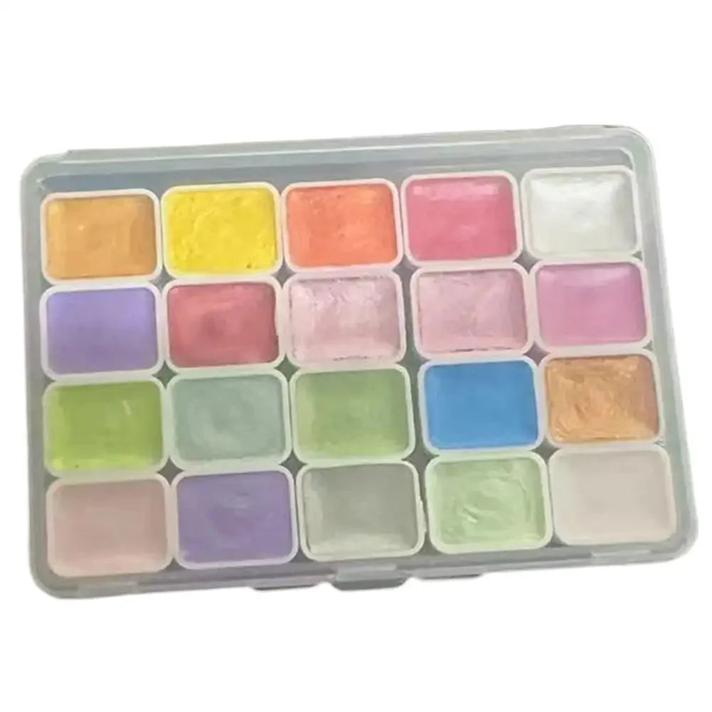 20 Colors Pearlescent Solid Watercolor Painting Set Portable Box Shiny Metal Painting Art Supplies Pigment Palette Drawing Tools