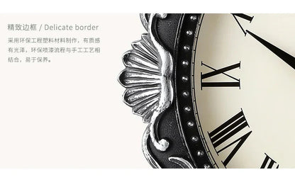 14" Vintage European Court elegance classical Style Wall Clock with Electroplated Black Gold/Silver & Roman Numerals for bedroom