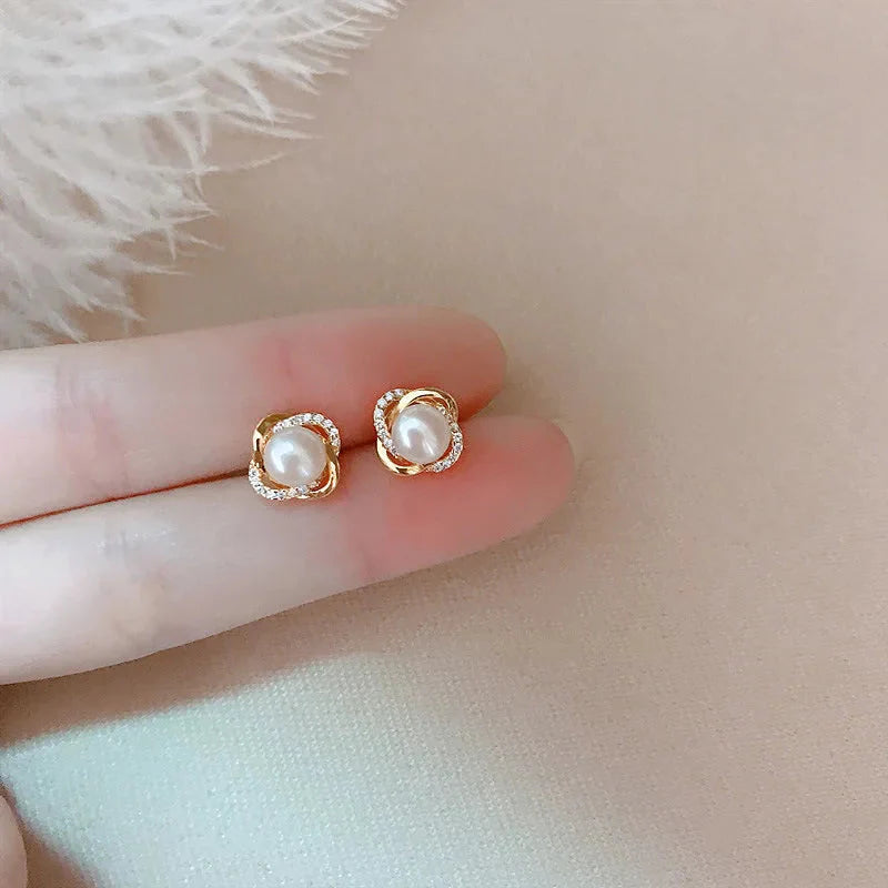 Upscale 14k Gold Jewelry Real Gold  Earrings Zircon Pearl Twist Luxury Stud Earrings for Women Brincos Pendientes Bijoux