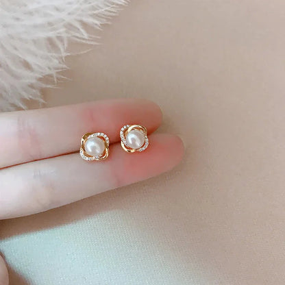 Upscale 14k Gold Jewelry Real Gold  Earrings Zircon Pearl Twist Luxury Stud Earrings for Women Brincos Pendientes Bijoux