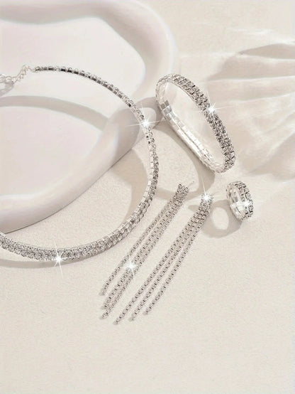 5pcs Luxurious Rhinestone Jewelry Set for Women,Choker, Earrings, Stretch Bracelet & Ring for Weddings, Banquets & Parties