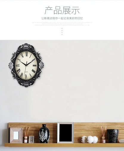 14" Vintage European Court elegance classical Style Wall Clock with Electroplated Black Gold/Silver & Roman Numerals for bedroom