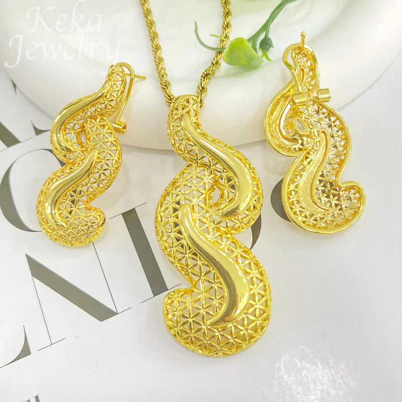 Dubai Golden Jewelry Sets for Women Luxury Italian Bridal Necklace Pendant Earrings Wedding Party Accessories Lady Gifts