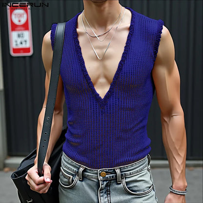INCERUN Men Tank Tops Hollow Out Mesh See Through Sexy Tassel Male Vests Summer 2025 Solid Color Fashion Streetwear Men Clothing