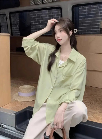 Sunscreen Shirt for Women in Summer New Polo Collar French Unique Loose Solid Color Long-sleeved Top Trendy