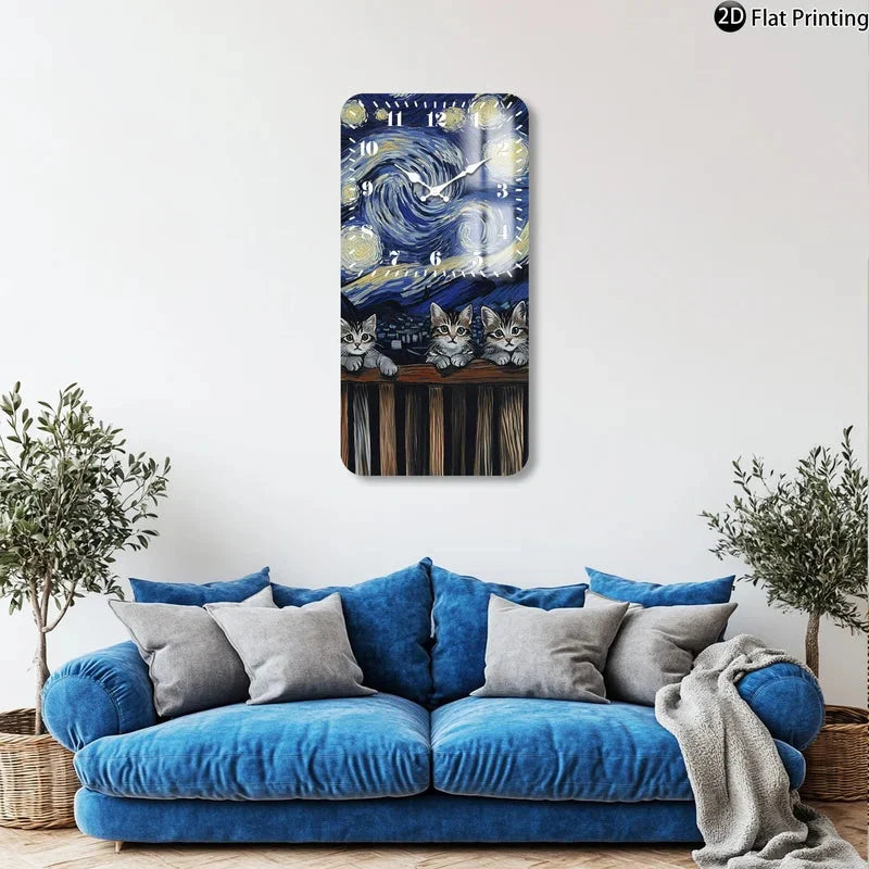Vintage 2D-Flat Cats with Van Goghs Starry Night backdrop Wooden Silent Quartz Rectangle Wall Clock for Home Idea Holiday Gifts