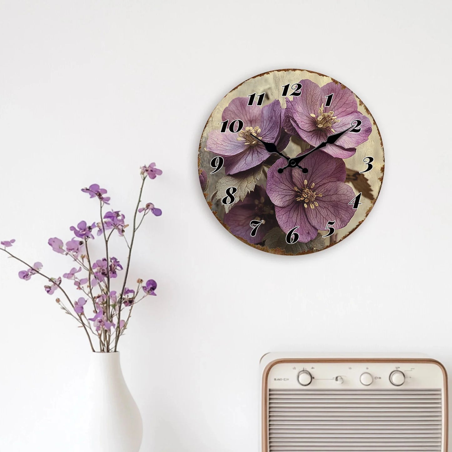 Purple Flower Blossom Floral Art Design Rustic Charm Decorative Clock 10"-16"