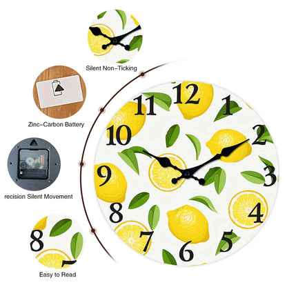 1pc wooden wall clock, yellow lemon and green leaf design wall clock, family mute clock, living room bedroom study decoration