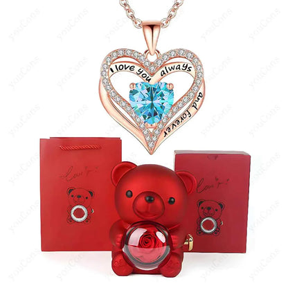 Red Heart Pendant Necklaces With Cute Bear Rose Gift Box For Women Mother Day 2026 Christmas Valentine Wedding Birthday Jewelry