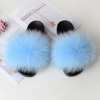 Summer Women Fur Slides Fluffy Furry Slippers Indoor Fuzzy Flip Flops Casual Outdoor Flat Ladies Fur Sandals Plush House Shoes