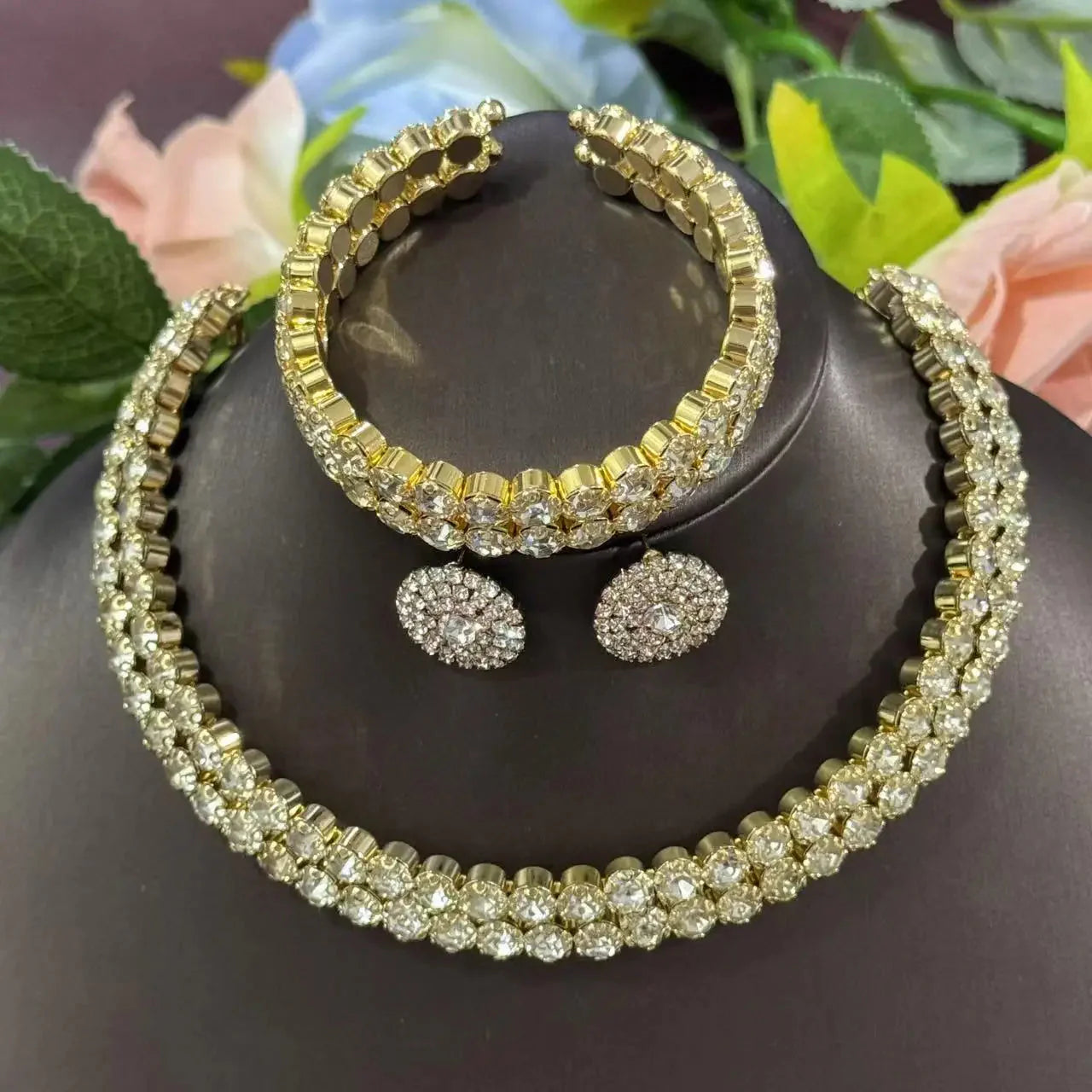 Elegant 3-Piece Crystal Jewelry Set - Rhinestone Necklace, Earrings & Bracelet